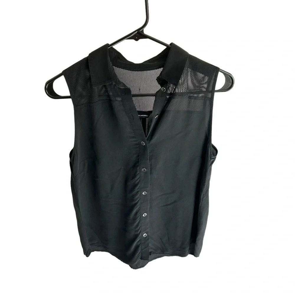 Club Monaco 100% Silk Black Sheer Mesh Button Down Sleeveless Blouse OS